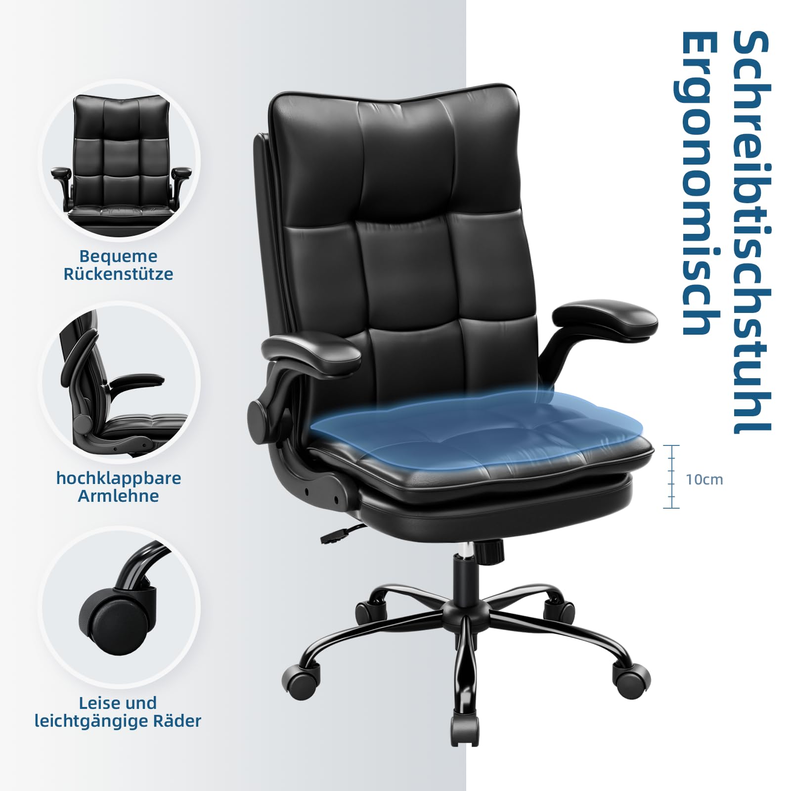BAYGE Sedia Ufficio, Sedia Ergonomica per Computer con Braccioli Ripiegabili, Poltrona Direzionale con Sedile Largo, Altezza Regolabile, Comoda per Ufficio, Casa e Giochi, Portata fino a 150 kg, Nero