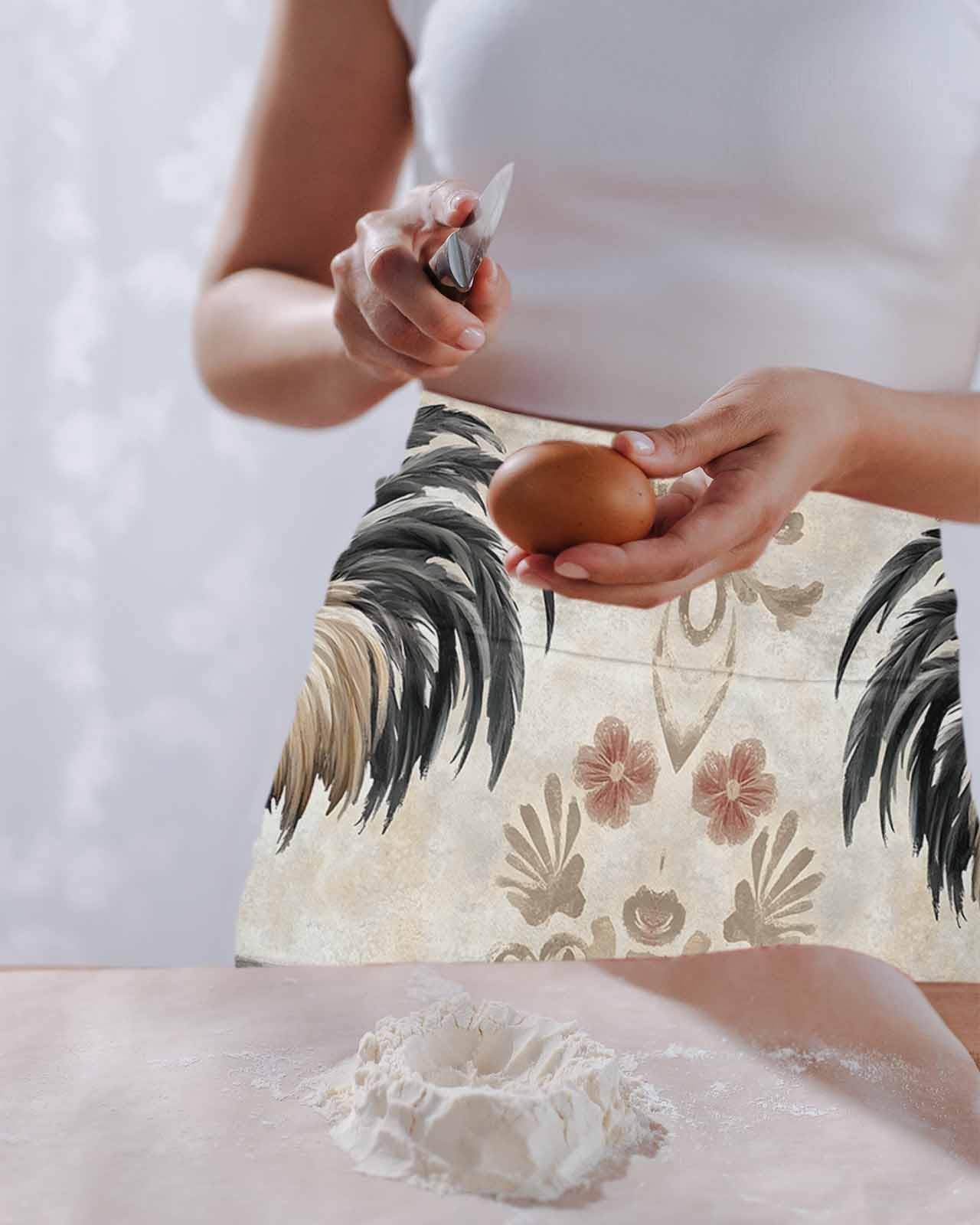 PIEPLE White Retro Rooster Server Apron Waitress Aprons with 3 Pockets, Watercolor Pastoral Animals Plaid Half Waist Waiter Aprons Restaurant Chef Aprons for Women Men