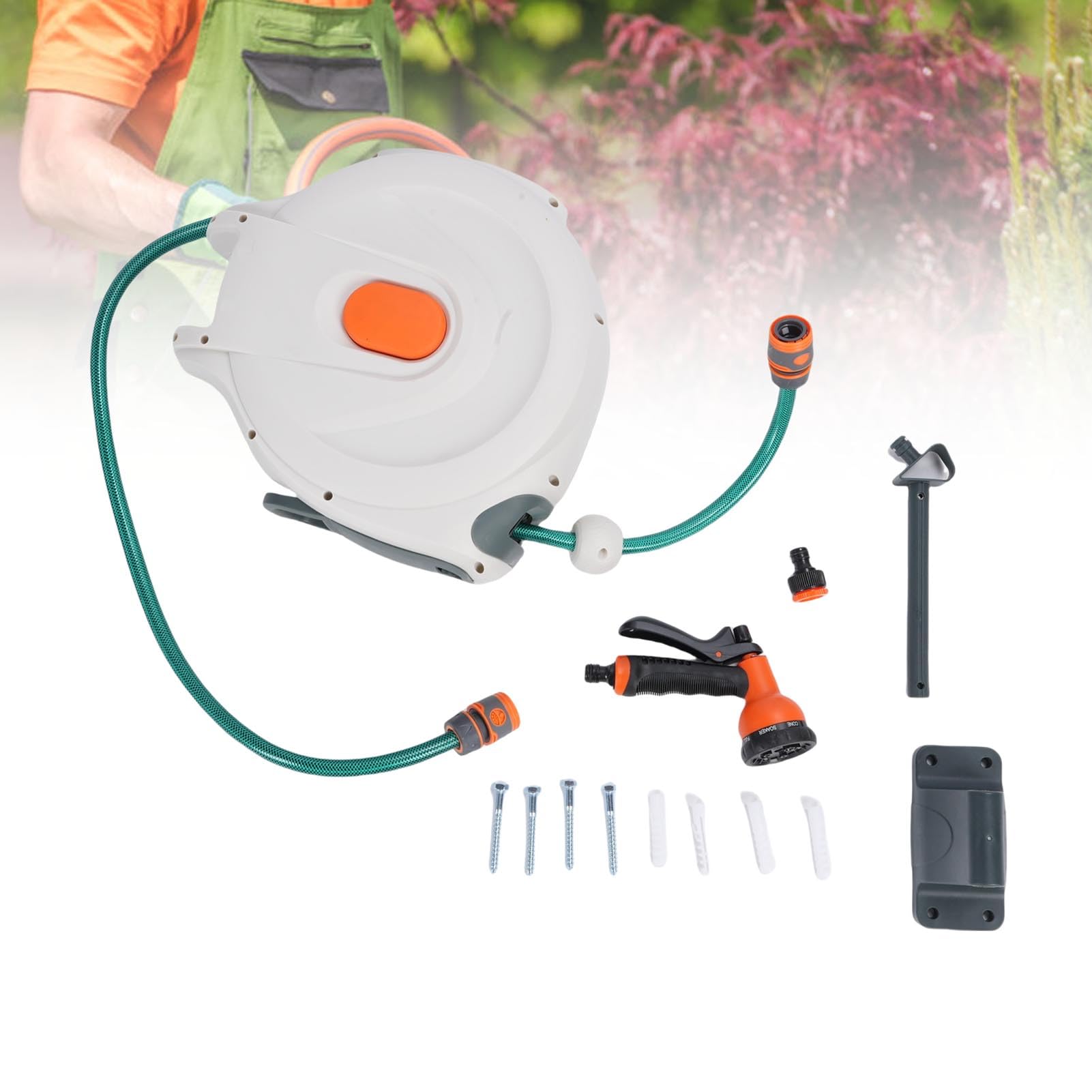 Yinhing Carrete Retráctil para Manguera de Jardín, 10m, ABS de Primera Calidad, Soporte de 180°, Longitud de Retracción Automática para Jardinería y Lavado de Coches