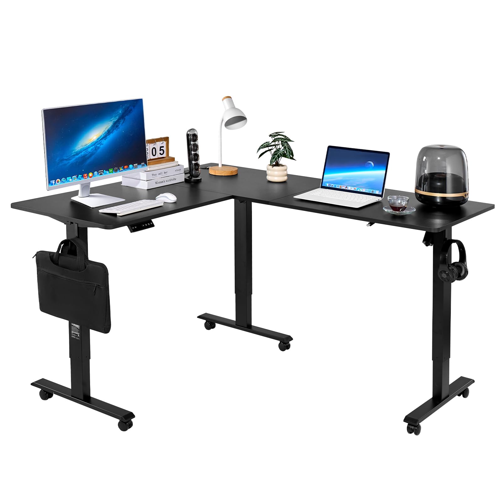 VEVOR L Shaped Standing Desk with Wheels, 63 x 55 inch 3-Level Height Adjustable Electric Corner Standing Desk with Power Outlet, Heavy Duty Carbon