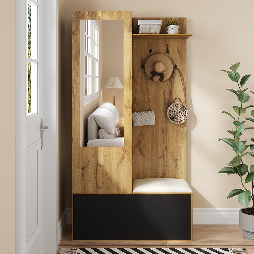 PUGSDRLY Ensemble de vestiaire Comprenant 5 patères 100L x 38 B x191 H, Un Miroir, Armoire à Chaussures, Armoire encastrée avec étagère supérieure, des tiroirs
