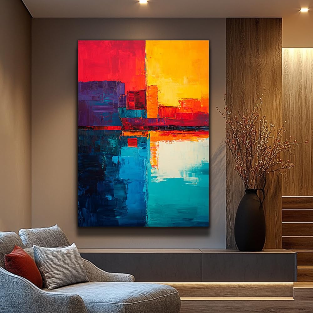 IHHGNB Modern Wabi-Sabi Abstract Painting - Blue Orange Geometric Canvas Prints Wall Art Home Decorative Artwork(30x40cm(12x16in)/No frame)
