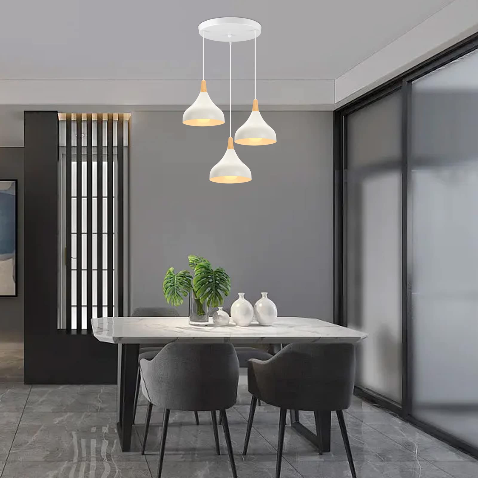 iDEGU 3 Luci Lampadario a Sospensione Retrò LED Lampada a Soffitto in Legna Metallo Moderna Lampada a Sospensione Stile Scandinavo Plafoniera per Soggiorno Camera Sala da Pranzo (Bianco, Rotondo)