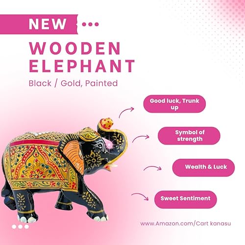 Miniatura 6 de Figura de elefante de madera hecha a mano – Obra de arte tradicional, adornos dorados y piedras preciosas – Estatua decorativa de elefante de la