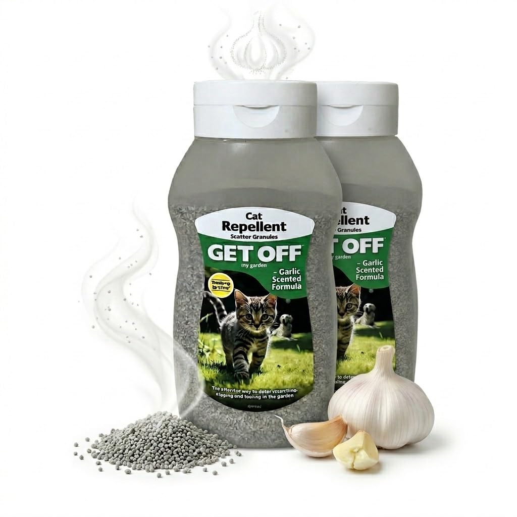 2 x Natural Cat Repellent Scatter Granules For Garden - Garlic Scented Contains Garlic Extract - Get Off Cat Deterrent - Prevents Digging & Fouling 500ml Bottle