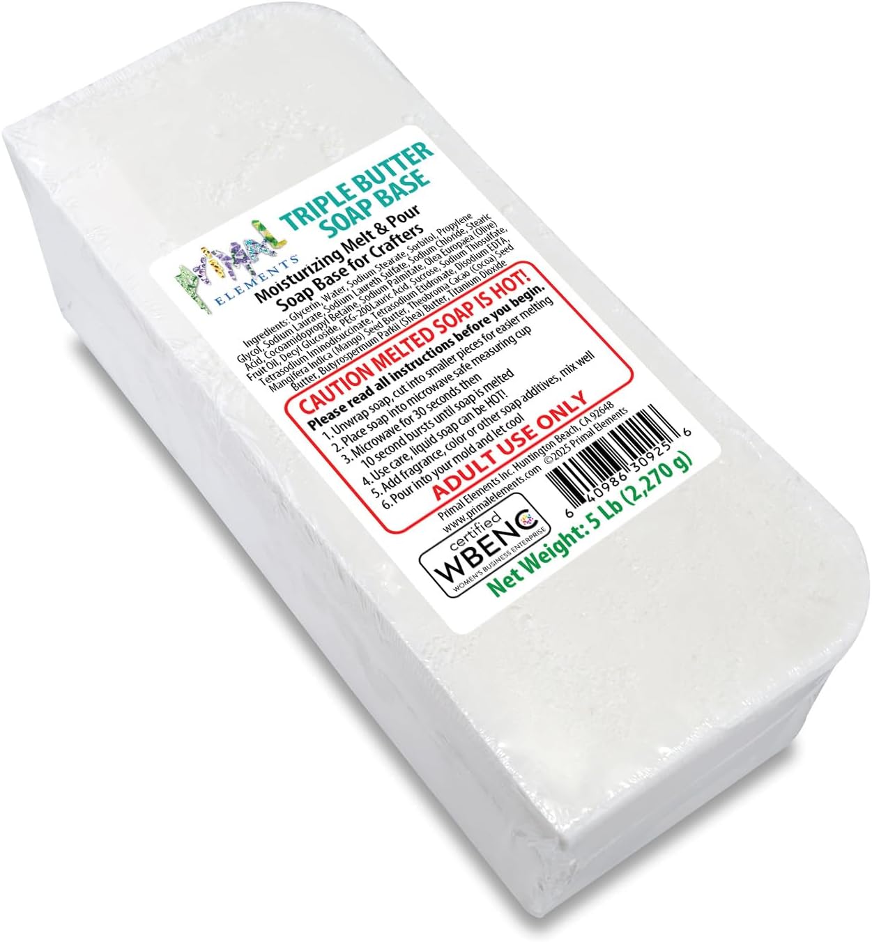 Primal Elements Triple Butter Soap Base (Mango, Shea, and Cocoa Butter) - Moisturizing Melt and Pour Glycerin Soap Base for Crafting and Soap Making, Easy to Cut - 5 Pound