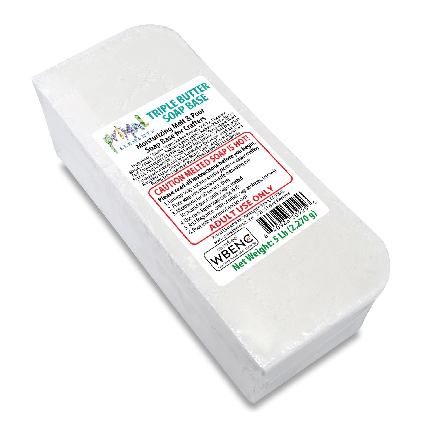 Primal Elements Triple Butter Soap Base (Mango, Shea, and Cocoa Butter) - Moisturizing Melt and Pour Glycerin Soap Base for Crafting and Soap Making, Easy to Cut - 5 Pound