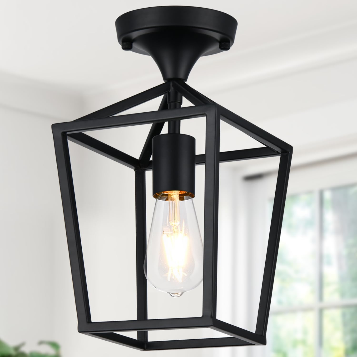 ?Upgraded? Semi Flush Mount Ceiling Light, Black Industrial Ceiling Light Fixtures, Farmhouse Light Fixture for Entryway Porch Hallway Stairway Garage Living Room Dining Room Balcony