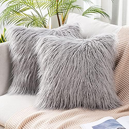 MIULEE Pack of 2 Decorative New Luxury Series Style Light Gery Faux Fur Throw Pillow Case Cushion Cover for Sofa Bedroom Car 18 x 18 Inch 45 x 45 cm
