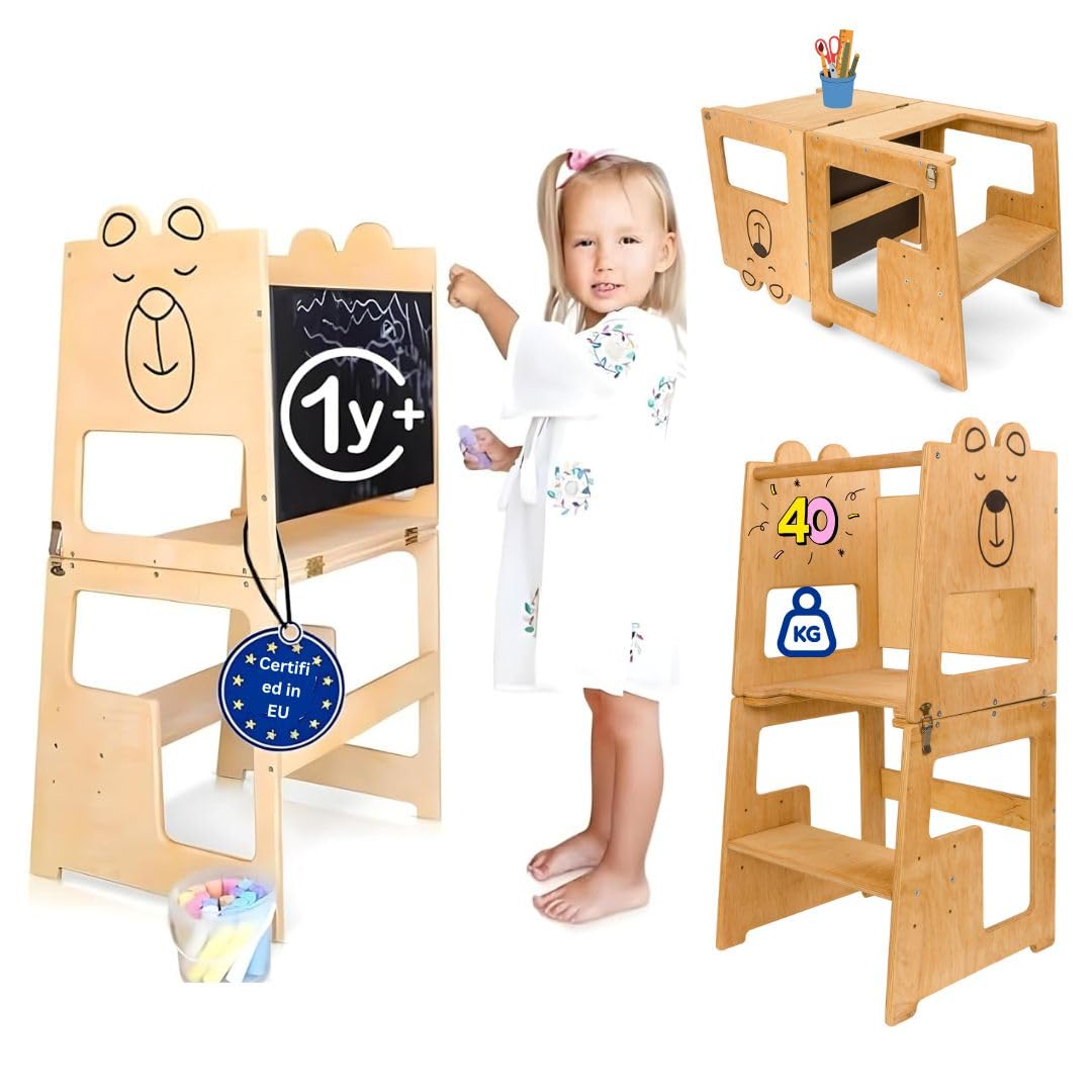 KAUZA Torre Montessoriana 3-in-1 per Bambini da 1 Anno, Trasformabile e Pieghevole in Legno Naturale con Lavagna, Torretta di Apprendimento con Tavolo e Sedia, Sgabello Cucina e Bagno Sicuro