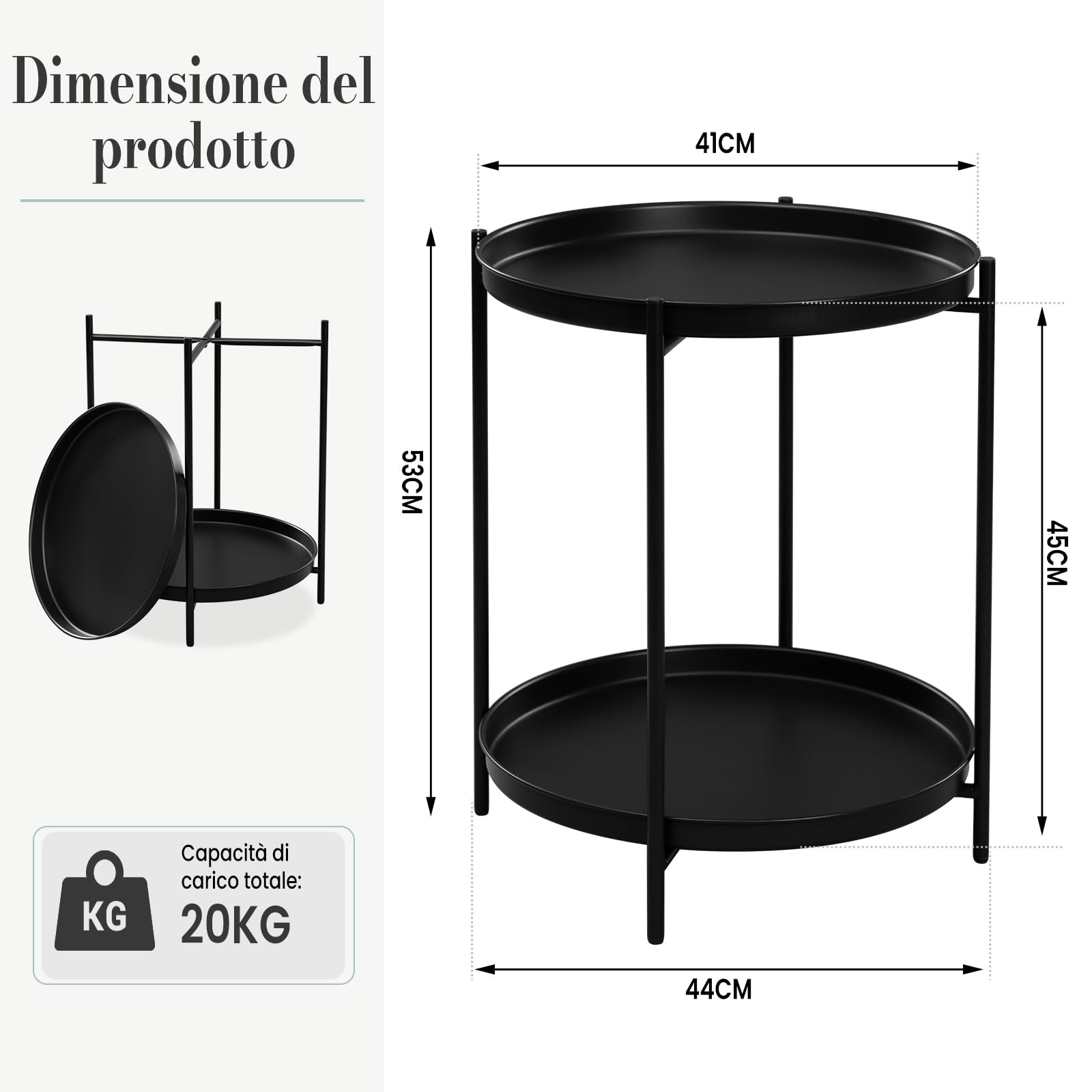 WOLTU Tavolino Salotto Rotondo, Tavolino da Divano con 2 Ripiani Rimovibili, Tavolino Basso, Comodino, Tavolino Laterale per Soggiorno, Camera da Letto, in Metallo, Nero, BTS17sz