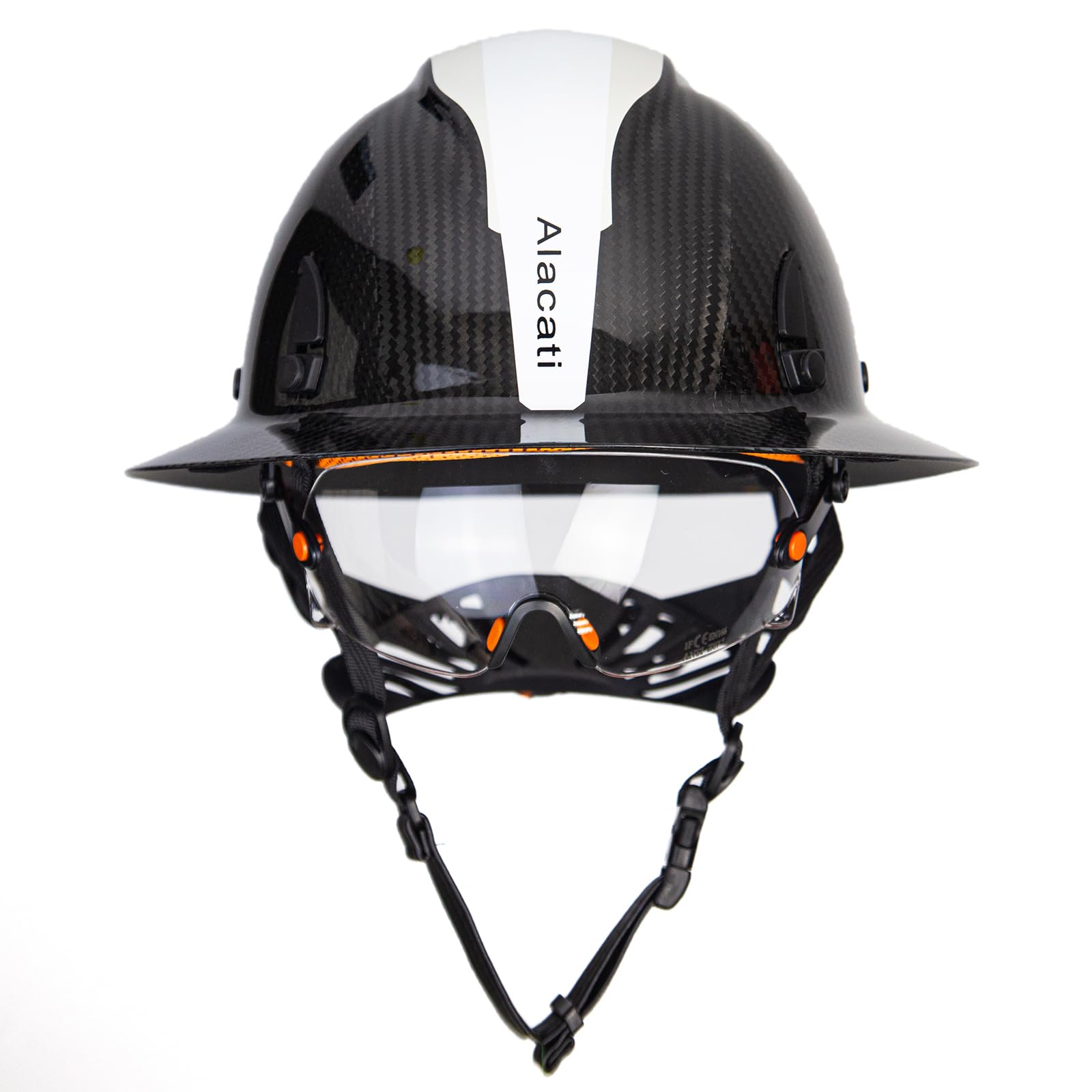 Carbon Fiber Hard Hat Full Brim with Goggles- Safety Helmet with 6-Point Adjustable Ratchet Suspension- ANSI Z89.1 Compliant