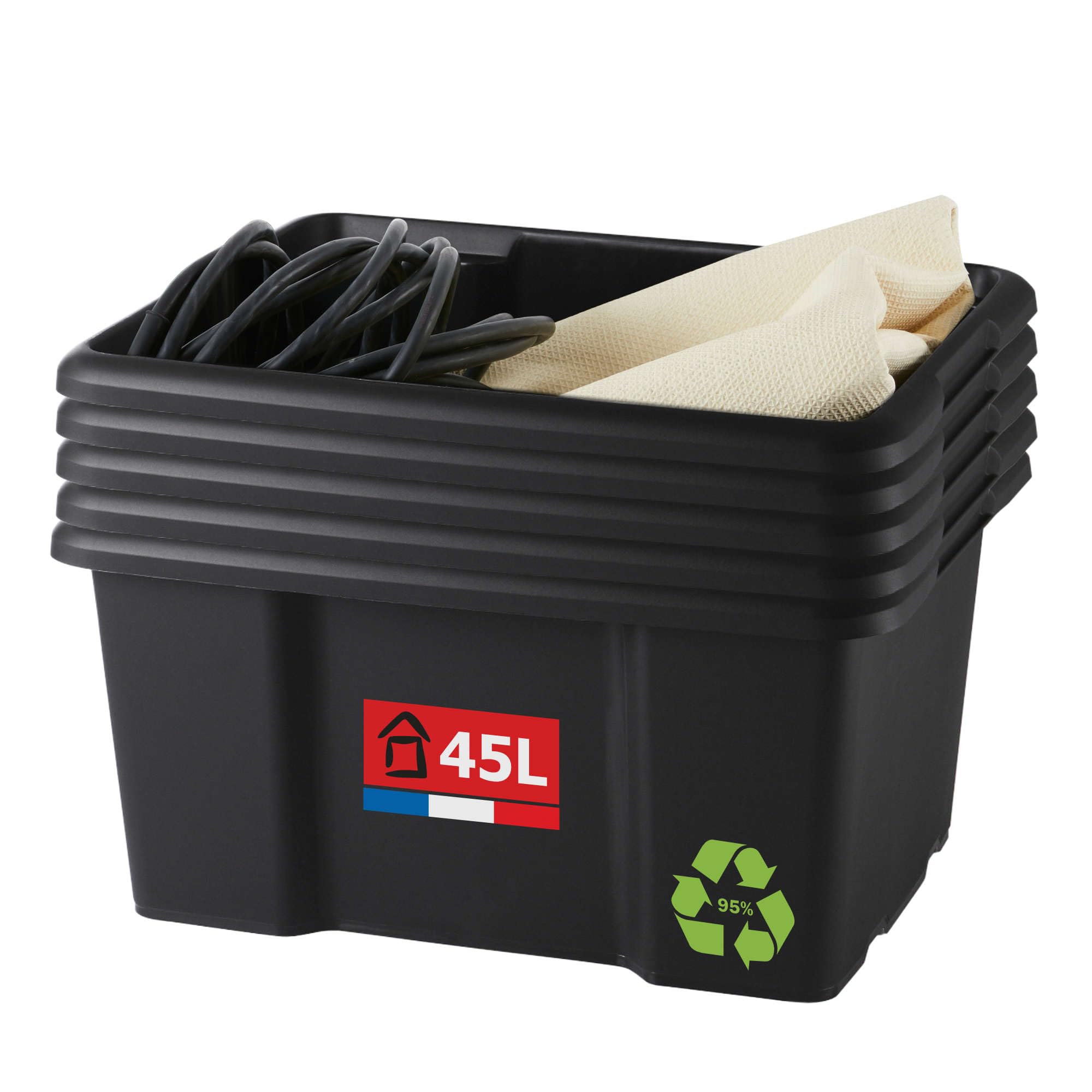 Sundis Set of 5 Storage Boxes, 45 L, Recycled Plastic, Black, Length 55.5 cm, Height 39.3 x Height 29.5 cm, Stackable, Versatile, Ideal for Workshop, DIY or Transport
