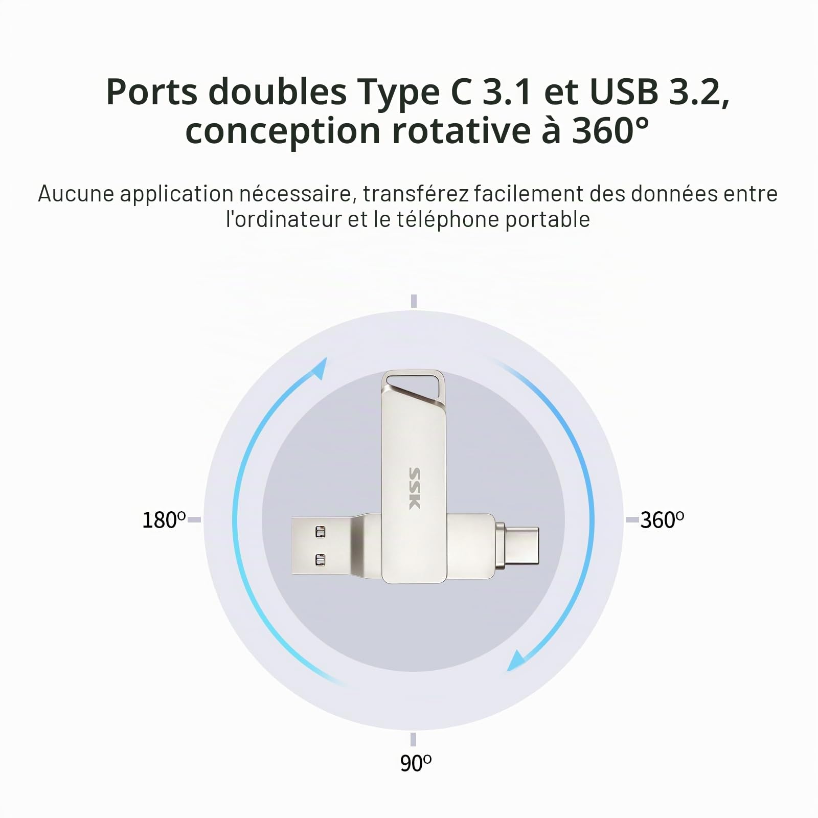 SSK 128 Go Double Cle USB 3.2 Type-C jusqu'à 200 Mo/s, Clé USB-C Flash Drive Pivotant Conception, Clef USB pour iPhone15/16 Pro/Android Smartphone/Tablettes/Mac/PC et Plus