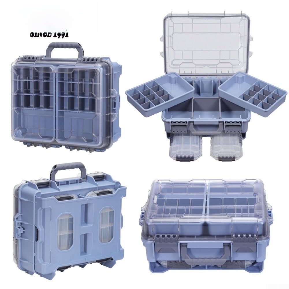 Zoegneer Grande scatola portatile impermeabile a doppio strato per attrezzatura da pesca con scomparti regolabili per riporre in ordine esche ami e accessori, grigio (grigio)