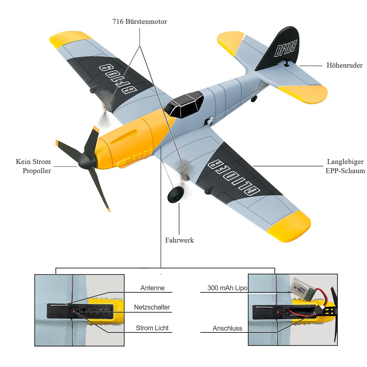 HAWK'S WORK 3-Kanal-RC-Flugzeug BF-109, Ferngesteuertes Flugzeug, flugbereit, 2.4GHz 6-Achsen Gyro Stabilisator, Einfach zu fliegen für Kinder und Anfänger