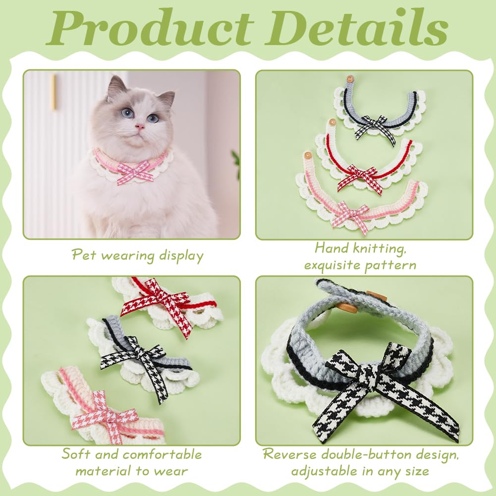 FINGERINSPIRE 3PCS Knitted Cat Collars Handmade Pet Collar with Buckle Adjustable Bow Tie Collar Black Pink Cerise Handmade Collars Fibers Cat Bowknot Collar Hand-Woven Scarf Collar for Pet Kitty Cat - Image 4