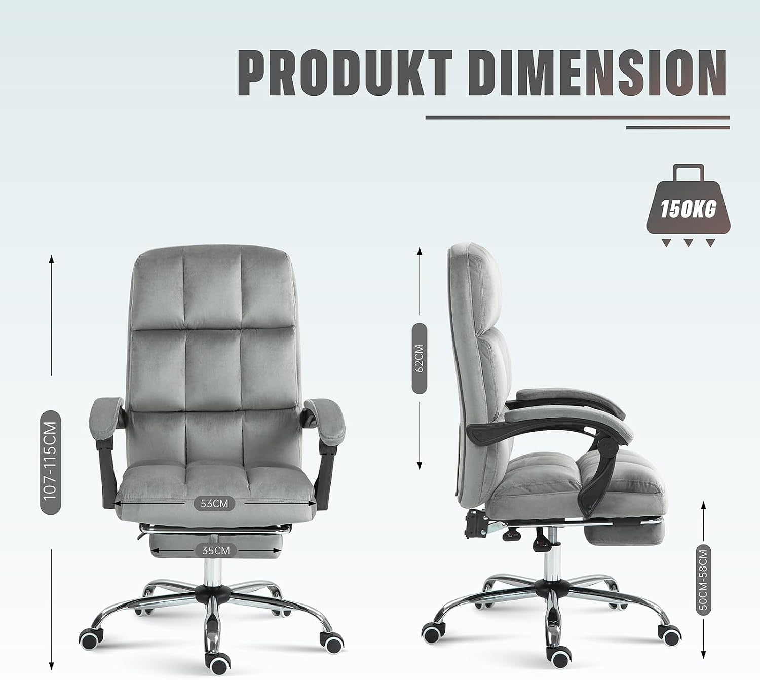 Velvet Desk Chair with Footrest, Ergonomic High Back Executive Office Chair, Comfortable Upholstered Fabric Home Vanity Chair, Grey