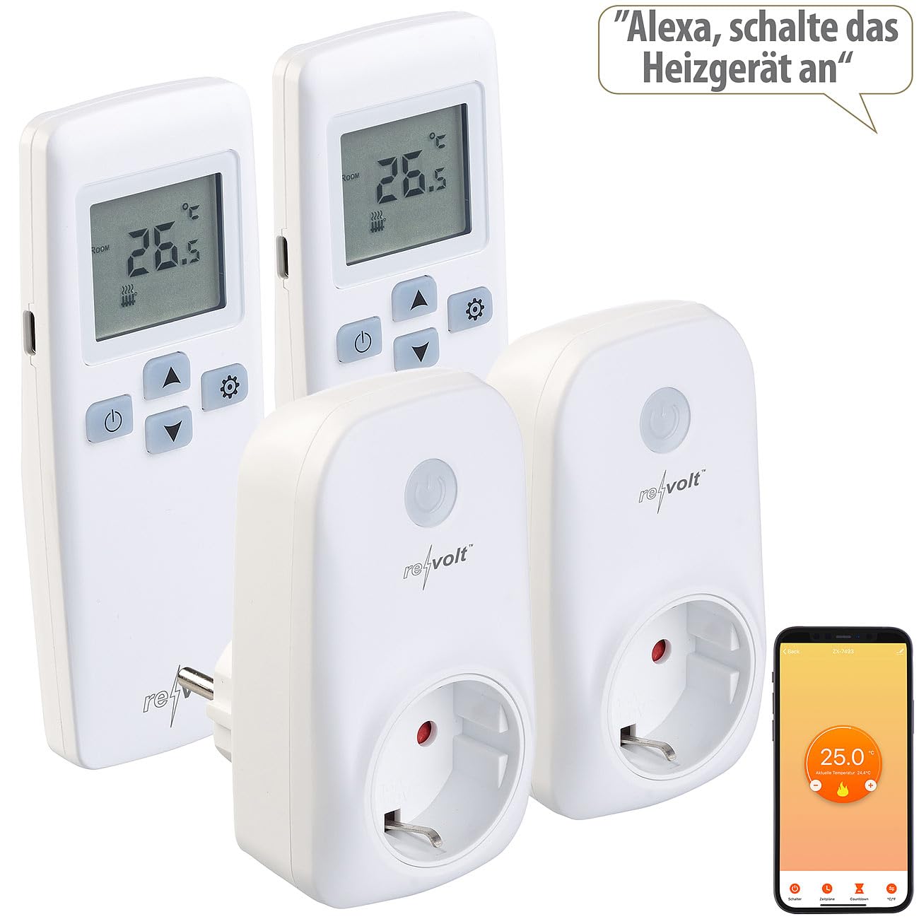 revolt Smart-Thermostat WLAN: 2er-Set WLAN-Steckdosen-Thermostat mit Sensor-Fernbedienung, App (Funk-Thermostat Infrarotheizung, Temperaturregler Steckdose, Heizstrahler)