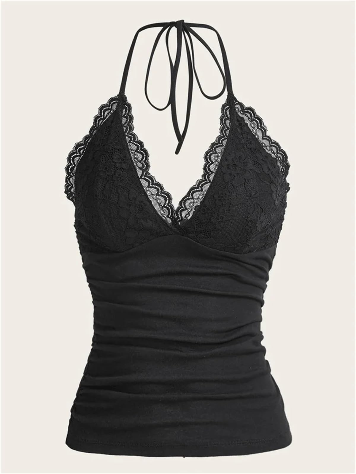 Top Halter Mujer Top sin Espalda de Encaje Negro con Cuello Halter for Mujer, Ropa Calle Mangas Fruncida Lisa, Y2K