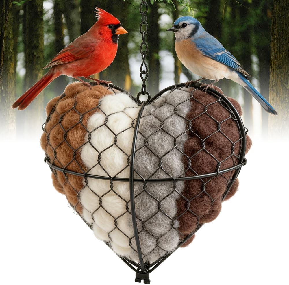 SUYAAA Handmade Alpaca Fiber Bird Nesting Heart, Birds Nests Material Holder, Winter Tree Shelter for Wild Bird, Hummingbird Houses Nest Boxes Gifts