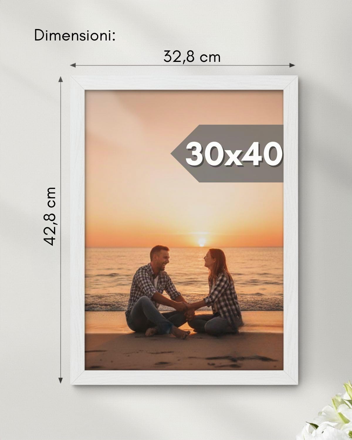 Cornice 30x40 - Legno Bianco - Parte Frontale Antiriflesso - Per Foto, Diplomi, Poster o Puzzle - Posizionamento Verticale o Orizzontale - Spessore 2 cm - Facile da Pulire