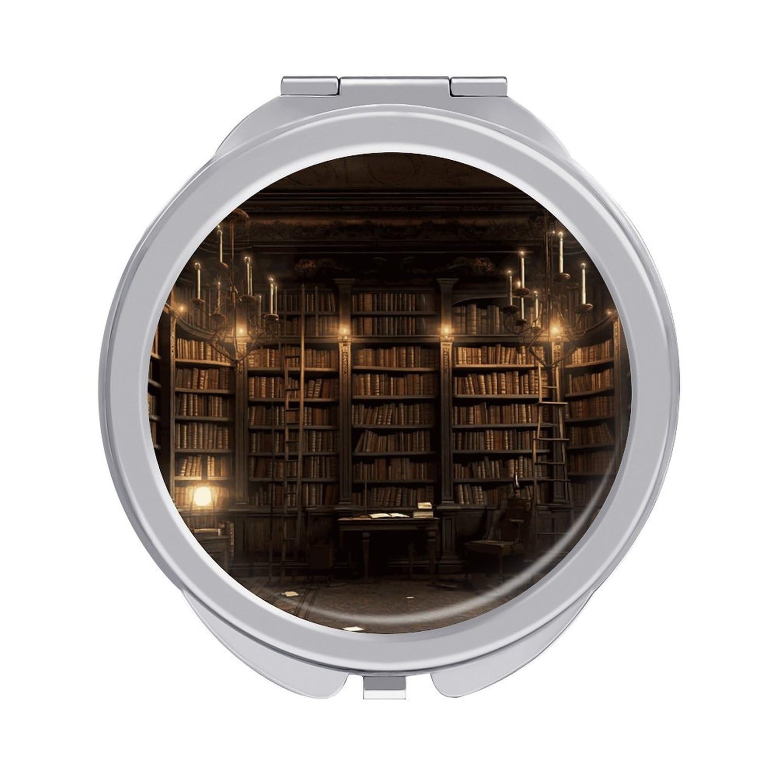 JTREHY - Book Room Makeup Mirror, Mystery Library, Silver Mirror, Foldable Surface, Makeup Mirrors, Lightweight Durable Glass for Travel Purse and Purses