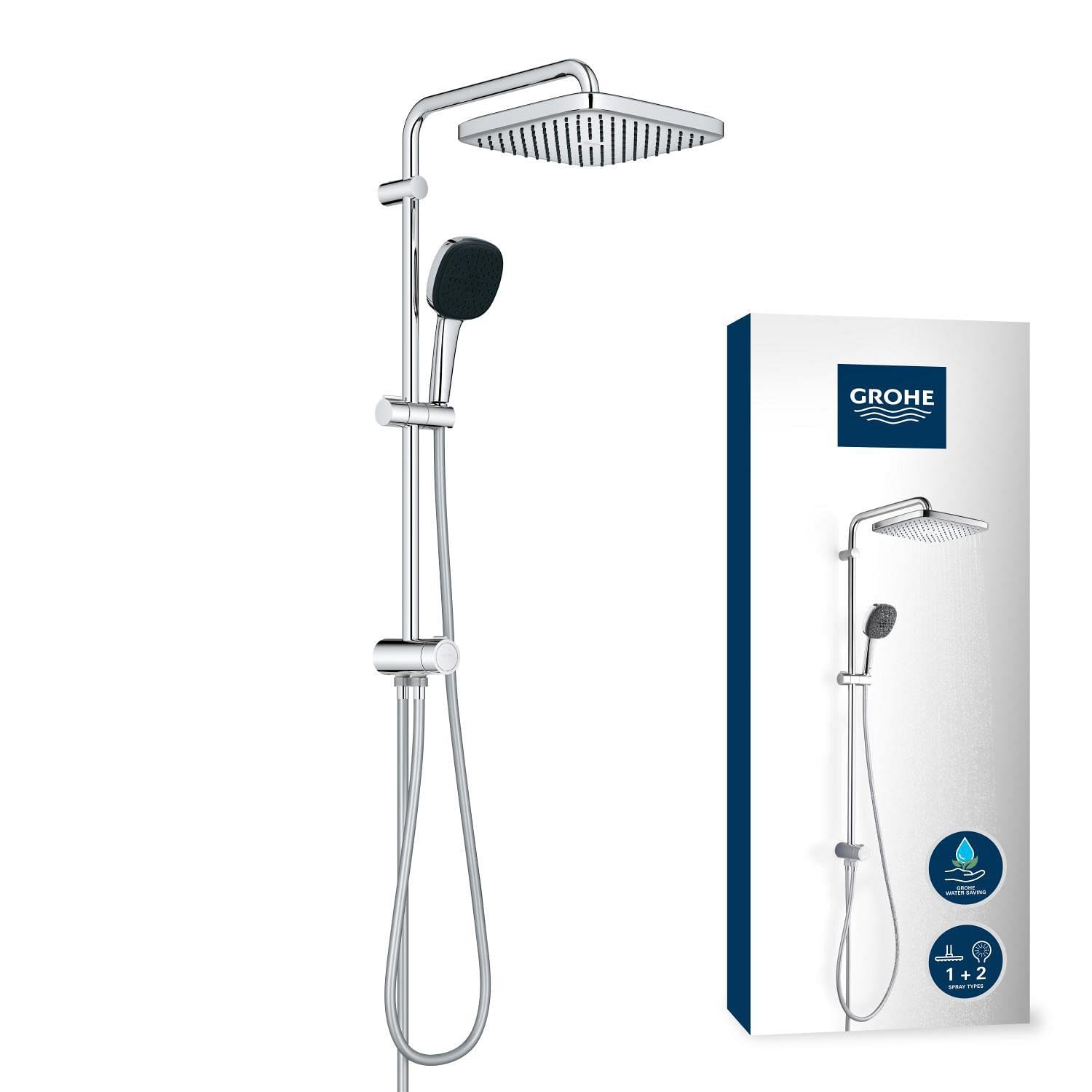 GROHE Vitalio 250, Duschset ohne Armatur, wassersparend, 8l pro Min (Regendusche für vorhandene Duscharmaturen, Duschkopf 2 Strahlarten, Duschstange 74cm, Duschsystem), eckig, chrom, 26698001