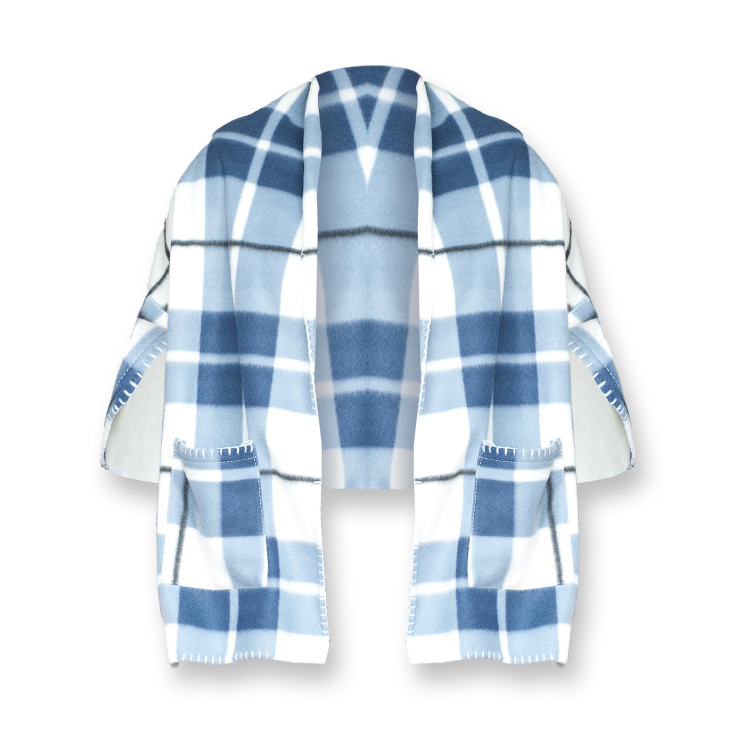 Coopers of Stortford - Shawl Wrap with Pockets - Warm Lightweight Fleece in Blue and Red Check - One Size Fits All