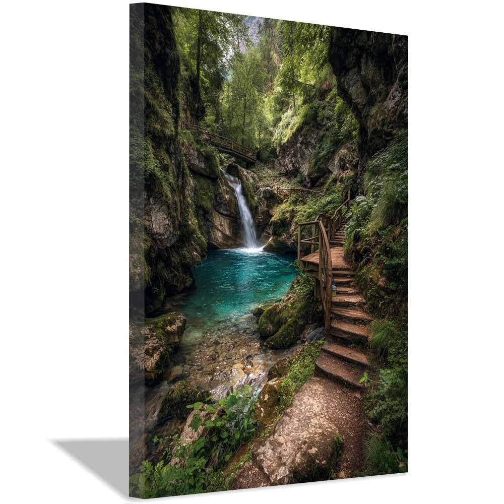 HOQIU Vintage wall art Alpine Waterfall Trail decorative painting, wall art, for Living Room Bathroom Bedroom Kitchen Decoration.(Multicolor)-30x40cm Framed