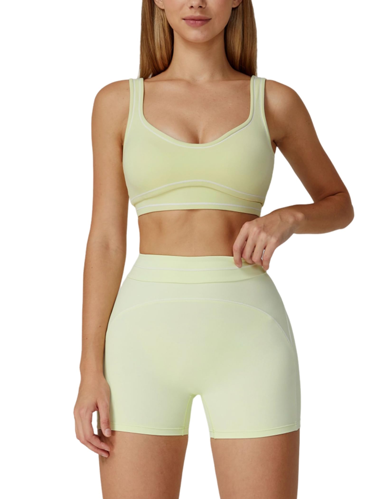 Two Piece Workout Sets for Women Color Block Sports Bra and High Waist Shorts Gym Yoga Active Wear