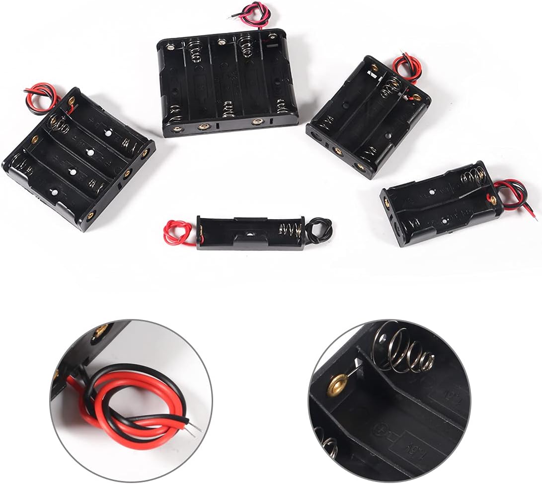 DORHEA 8 PCS AA Battery Holder Bundle with Wire 2A Battery Holder Case 1.5V, 1/2/3/4 x 1.5V Series DIY Battery Storage Boxes, 1/2/3/4 Slots Black Plastic Batteries Case for AA Battery