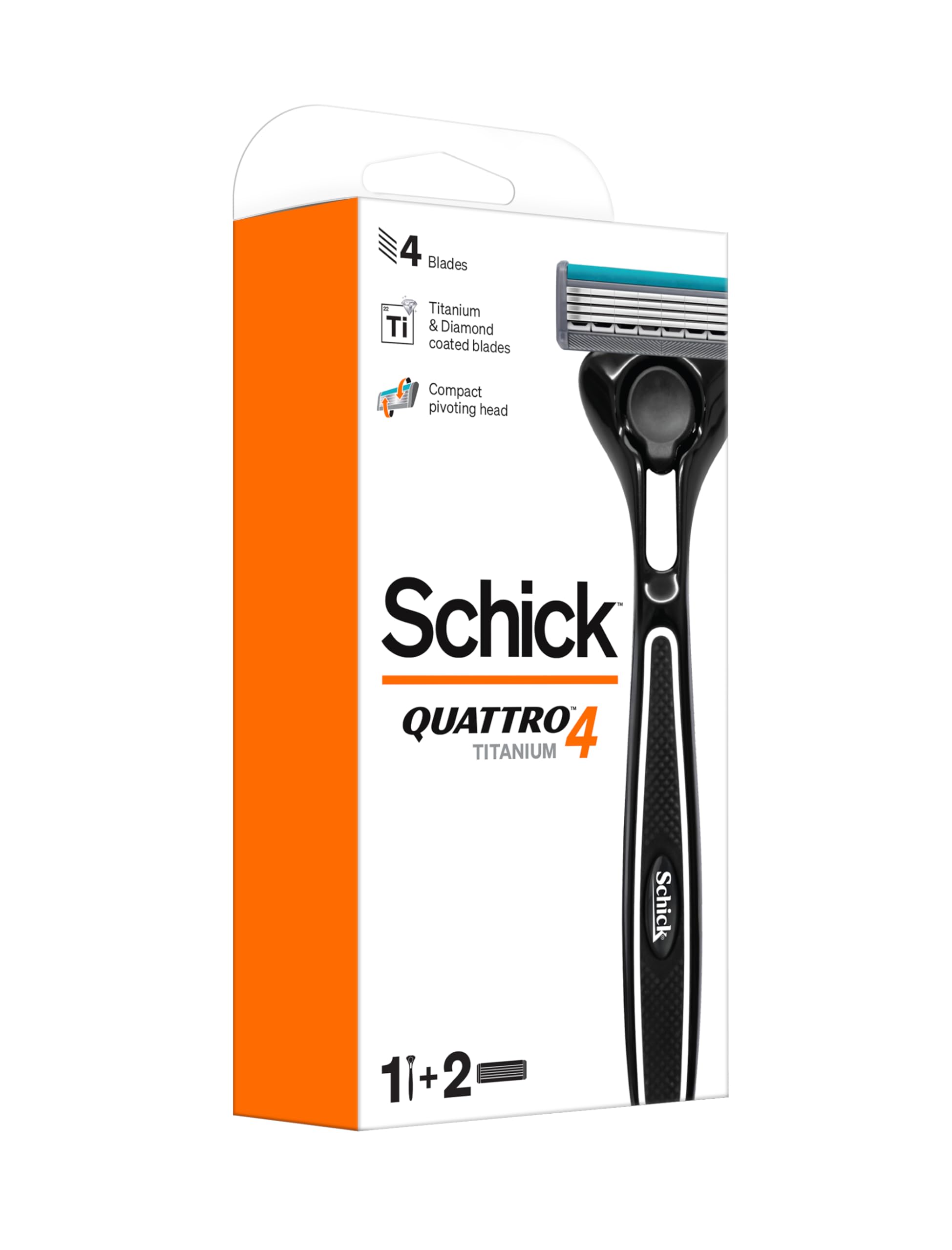 Quattro Titanium Kit 2 Razor for Men - Compact Pivoting Head - 4 Titanium & Diamond Coated Blades - Enriched with Vit E, Aloe and B5 - Smooth Comfortable Shave - 1 Razor & 2 Cartridges