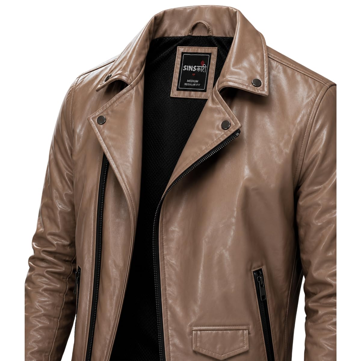 Men's Taupe Beige Brown Rexine Rider Jacket | Man Biker Jackets | Slim Fit with Zip Closure | Stylish Casual Winter Wear | Soft Leather Outerwear-picture-38