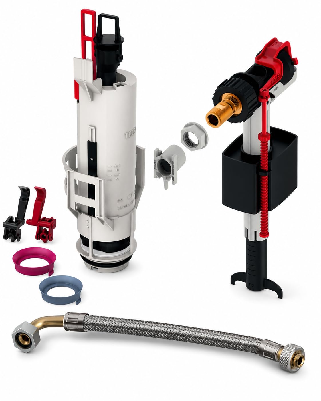 TECE Füllventil F10 Universal Set mit Panzerschlauch 3/8" bis 2019 und Ablaufventil A2 für Spülkasten 13 cm