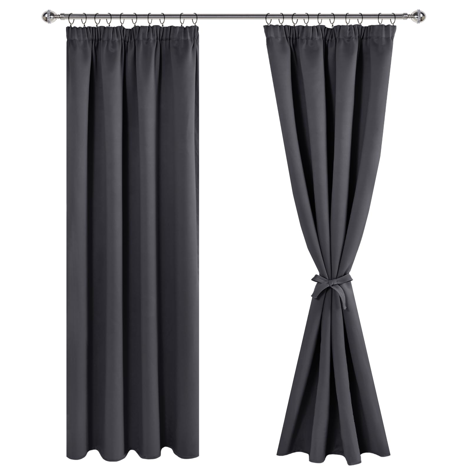 JIUZHEN Opaque Curtains with Ruffle Tape, Blackout Curtains, Living Room, Bedroom, Thermal Curtain, Dark Grey
