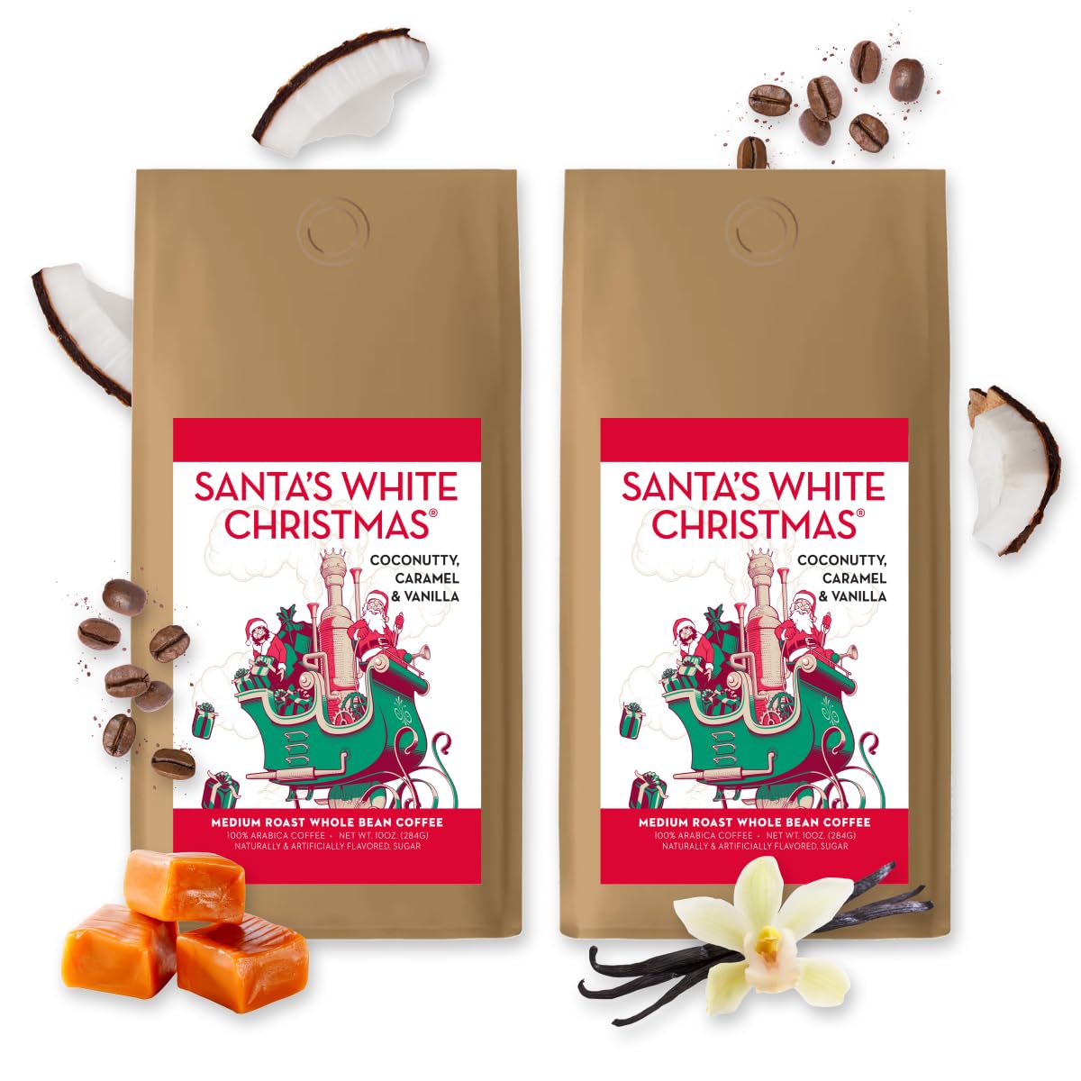 BARNIE'S COFFEE TEA CO. Santa's White Christmas Whole Bean Coffee with Smooth Coconut, Caramel and Warm Vanilla Flavors, Medium Roasted Arabica Coffee Beans, 10 oz Bag (Pack of 2)