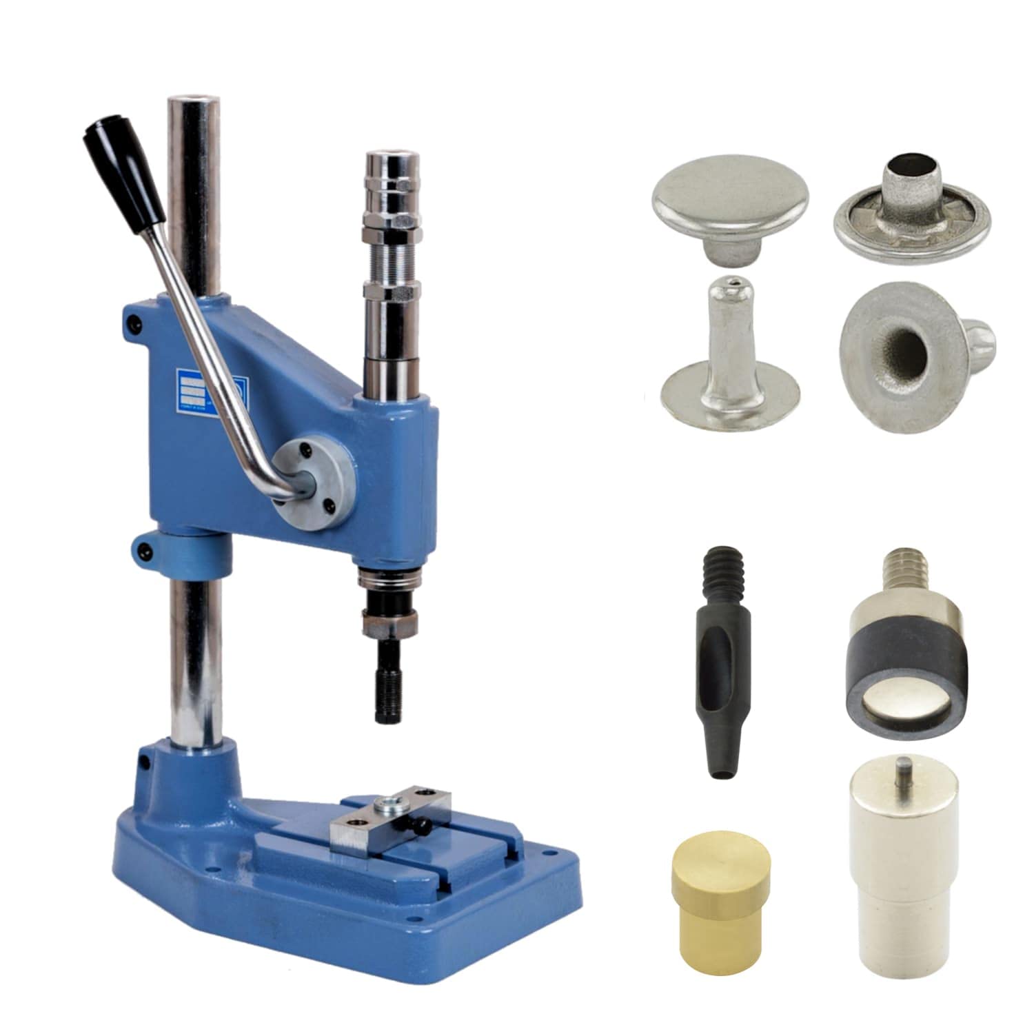 Juego de prensa remachadora con prensa de resorte, herramienta de remache y 50 remaches de cabeza única de 6 mm, plata, latón, inoxidable, prensa de mano, bricolaje, para cuero, ropa,