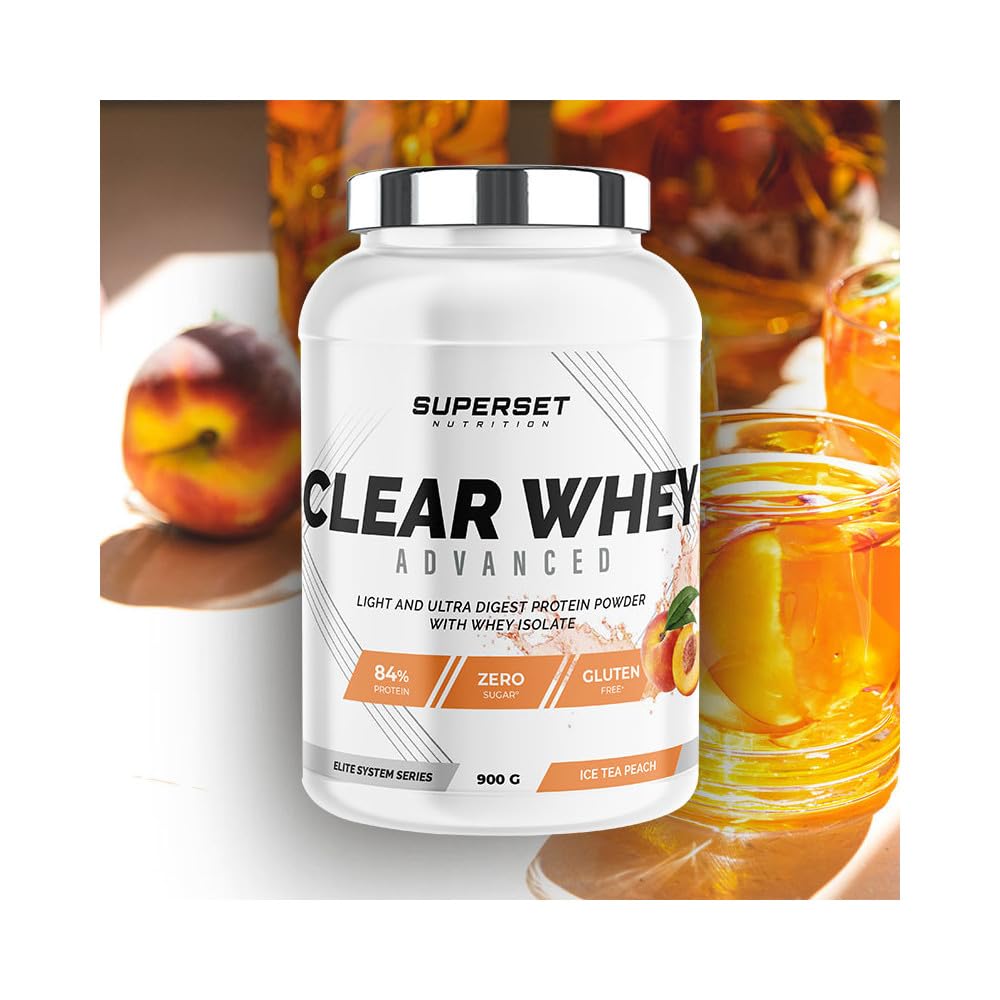 Superset Nutrition - Clear Whey Advanced 900g - Protéine Isolat Ultra légère 84% - Raffraichissante Riche en BCAA & L-Glutamine - Effet de satiété - Faible en Calories - Goût Ice Tea Pêche