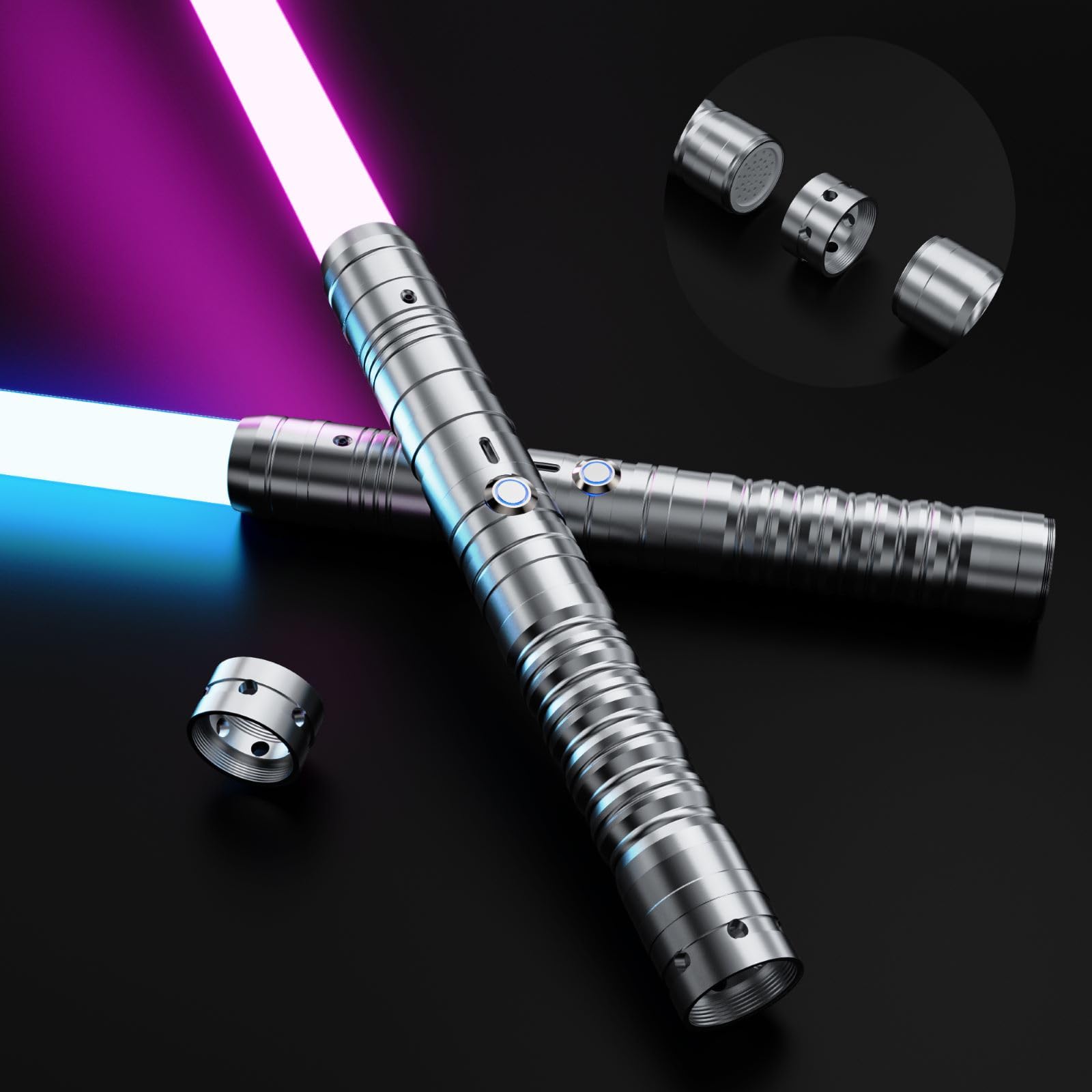 KYWLCO Lightsaber 2 Pack,RGB 15 Colors Metal Handle FX Light sabers,3 Sound Modes,Rechargeable Dueling Light saber for Children and Adults Cosplay Party(2 Pack Silver)