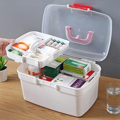 Miniatura 4 de Caja médica, caja de primeros auxilios con mango portátil, kit de emergencia familiar, bandeja desmontable, almacenamiento de 2 capas, caja de tapa