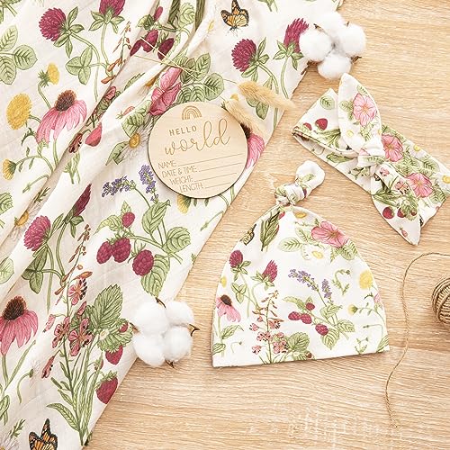 Image of BabyWhale Muslin Swaddle Blanket with Hat and Headband Bow, Floral Pattern Swaddle Set for Baby Boys & Girls, Unisex Newborn Soft Receiving Swaddle Wrap, 47x47 inches