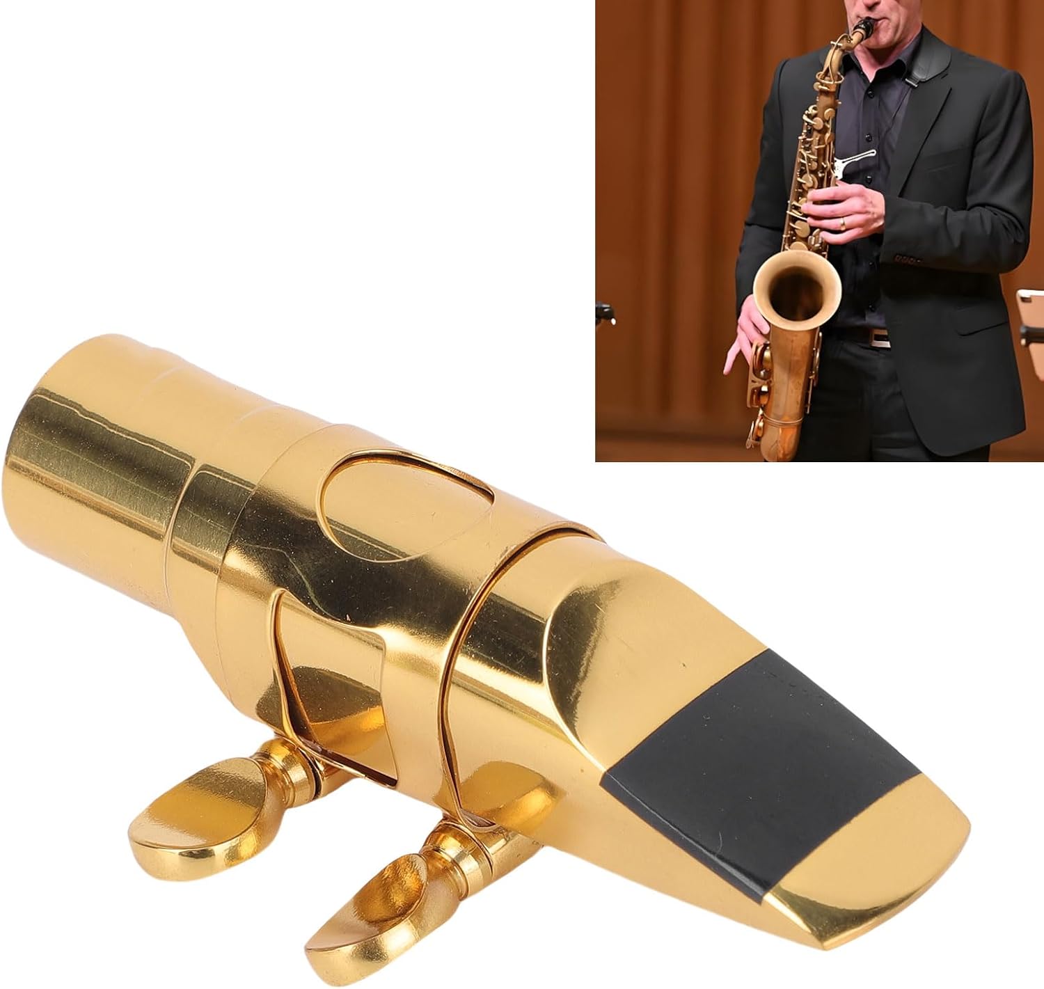 Cryfokt 13x4x3cm Sax Mouthpiece, Soprano Sax Mouthpiece with Cap Brass, Designed for Treble Saxophone, Sound Enhancement, Exquisite Sax Mouthpiece for Saxophone Enthusiast (Gold)