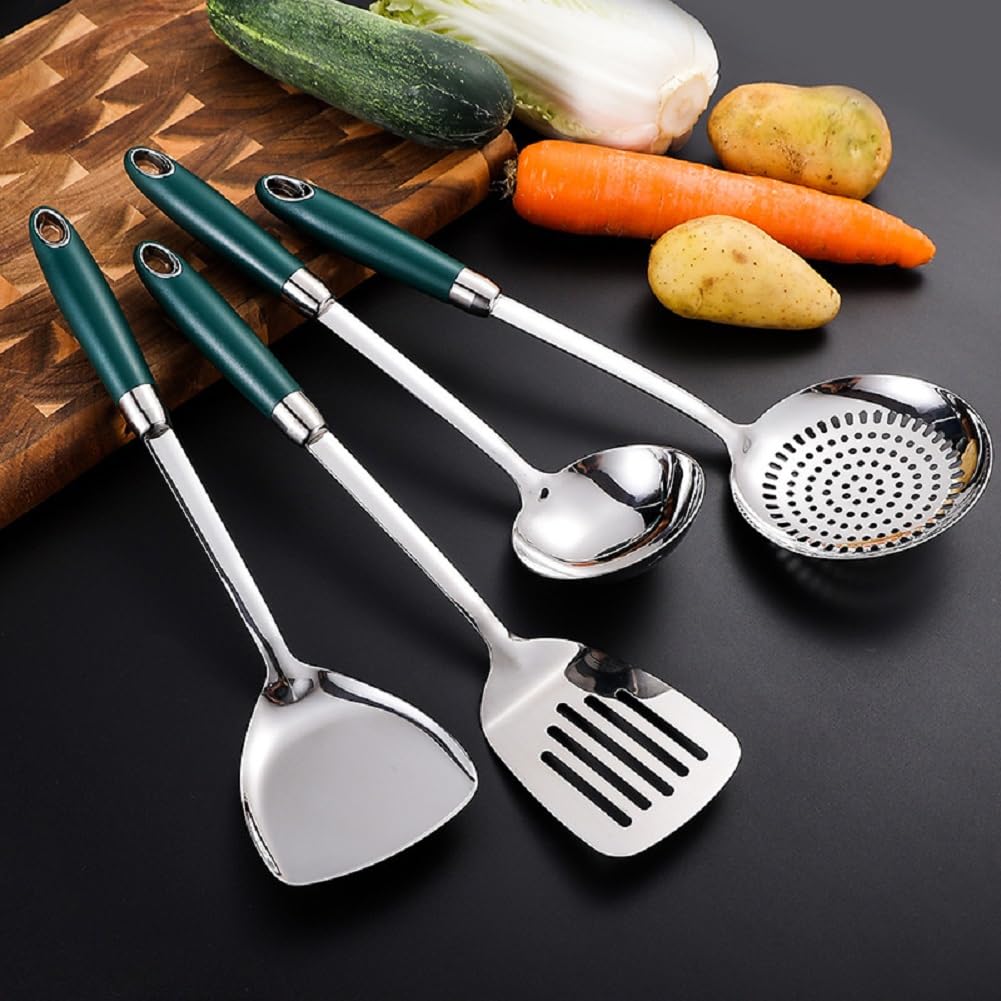 Kochutensilien, 4-Teiliges Kochutensilien Set, 304 Edelstahl Kochlöffel Set Mit Suppenkelle, Schaumlöffel, Schlitz Pfannenwender, Solider Wokpfannenwender, Küchenhelfer Set