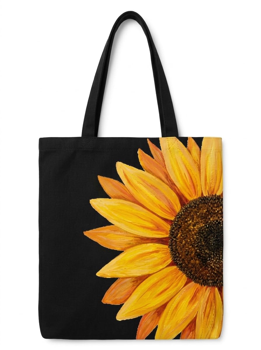 kapdamart.com Sunflower Print Black Canvas Tote Bag for Women | Aesthetic Eco-Friendly 14x16 Inch Cotton Handbag with Shoulder Strap for College, Travel & Shopping-picture-11