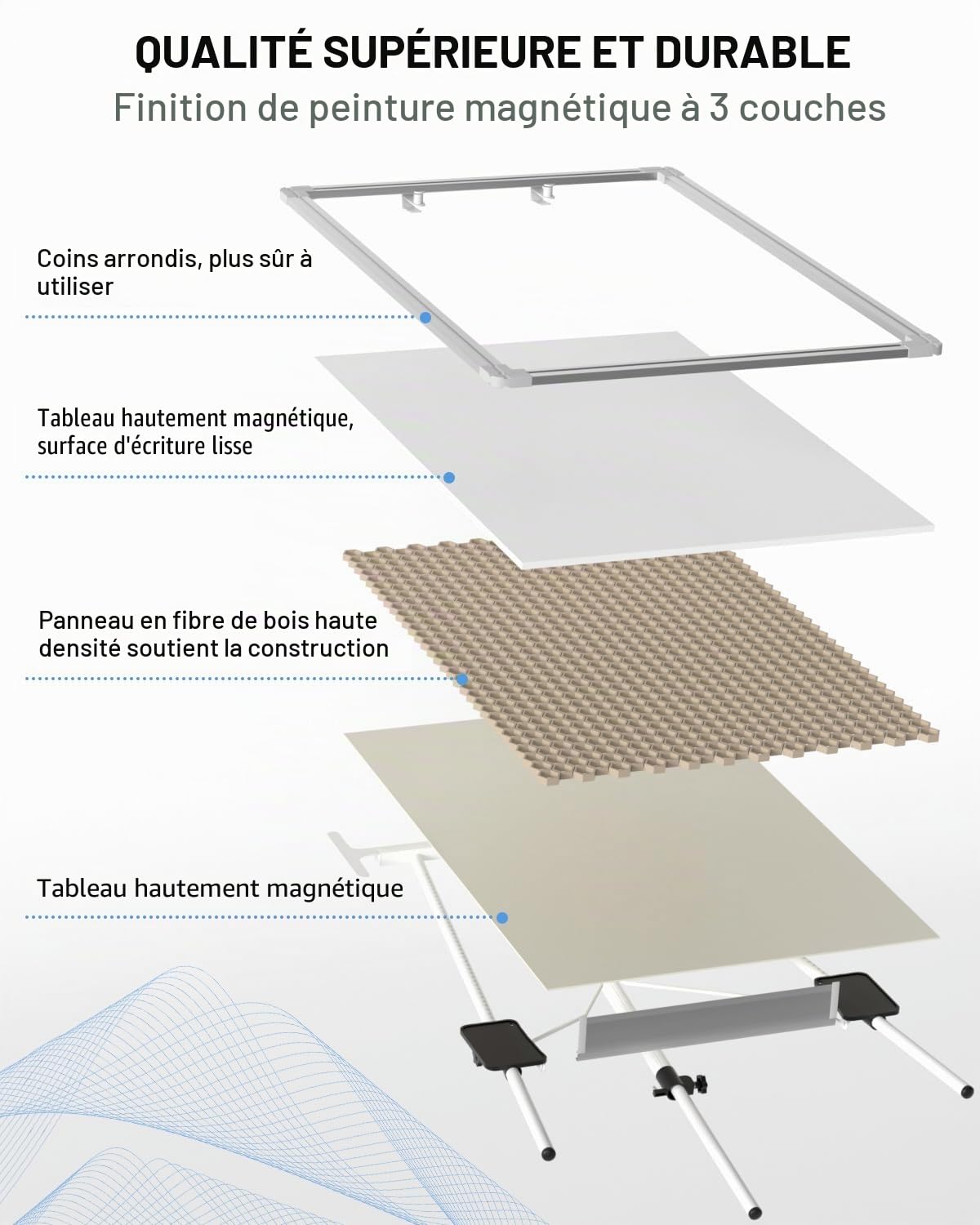 Nicpro tableau blanc magnetique 60 x 90 cm avec 4 stylos à base d'eau- 10 aimants- 2 Gomme, trépied à hauteur réglable, tableau blanc effacable sur pied pour étudiants, bureau, maison, classe