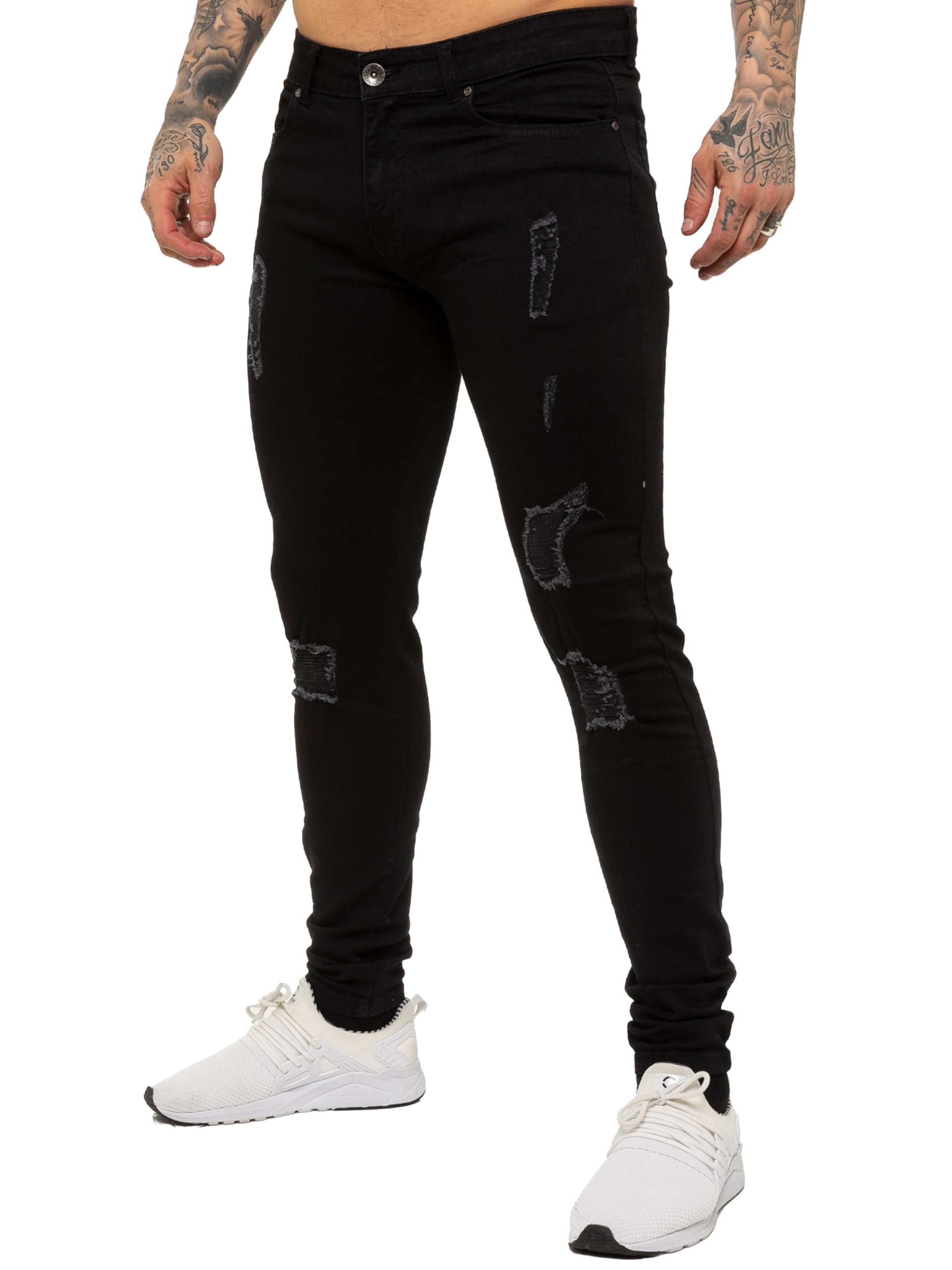 989Zé ENZO Mens Skinny Ripped Jeans Casual Stretch Distressed Denim Pants, Black, 28W x 32L