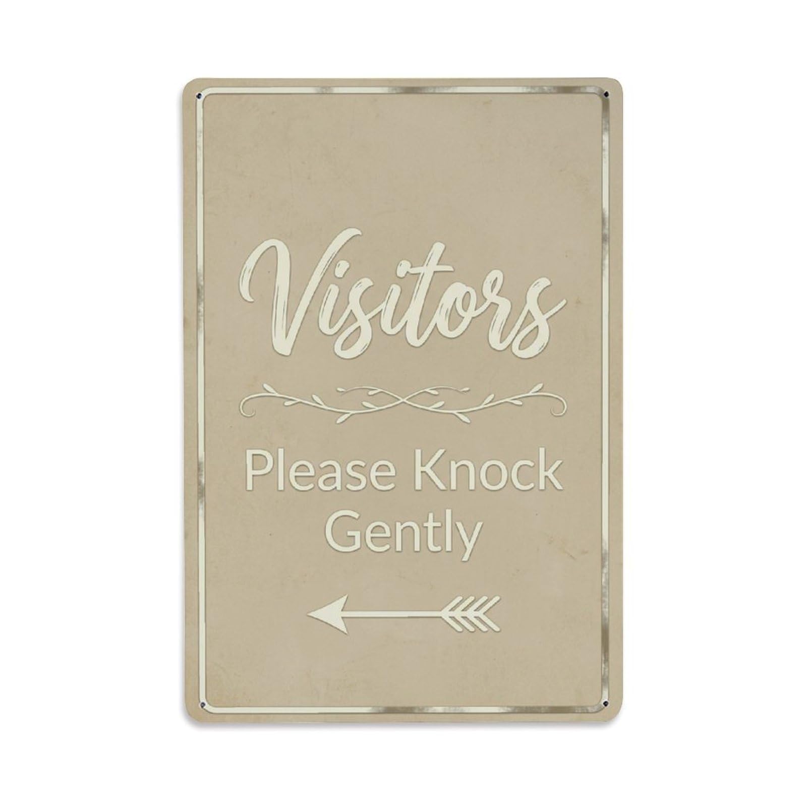 Vintage Visitors Please Knock Gently Arrow Vine Metal Tin Sign