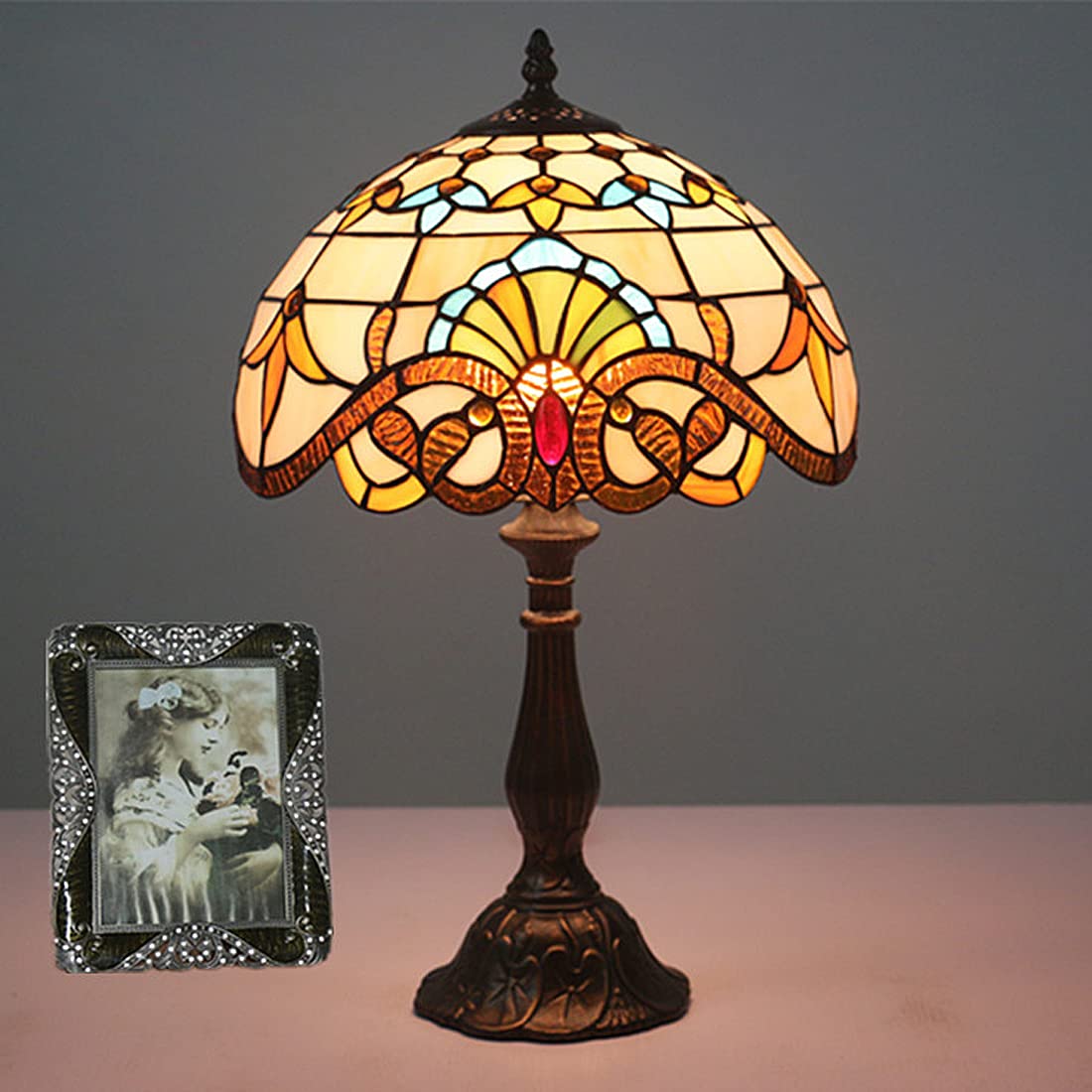Lampa stołowa Tiffany Witraż Żółta, z mgiełką, brązowa, z żywiczną podstawą, 12 cali, stolik nocny, vintage, lampka do komody, wtyczka do salonu, sypialnia