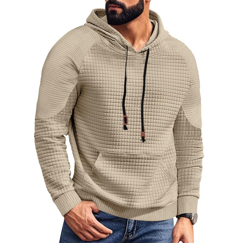 Mens Plaid Hoodies Sweatshirt Casaul Long Sleeve Drawstring Waffle Knit Hooded Fall Winter Tops with Pocket 6